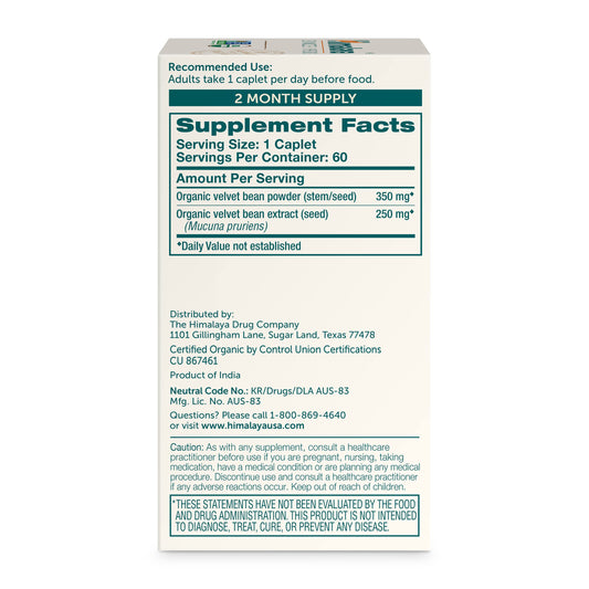Himalaya velvet bean herbal supplement 60 caplets packaging showing organic certification