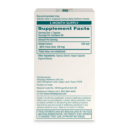 Himalaya Shilajit dietary supplement packaging showing nutritional facts and fulvic acid content