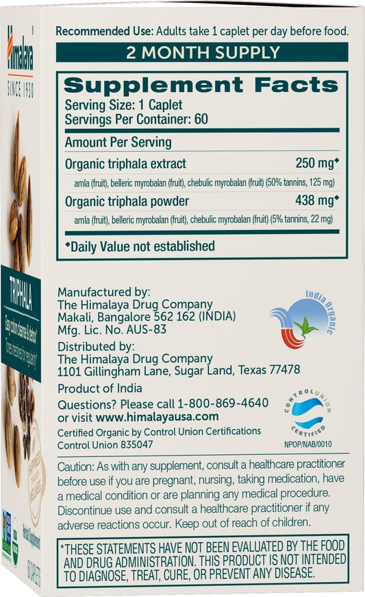 Himalaya Triphala supplement facts label detailing the blend of Amla, Belleric Myrobalan, and Chebulic Myrobalan.