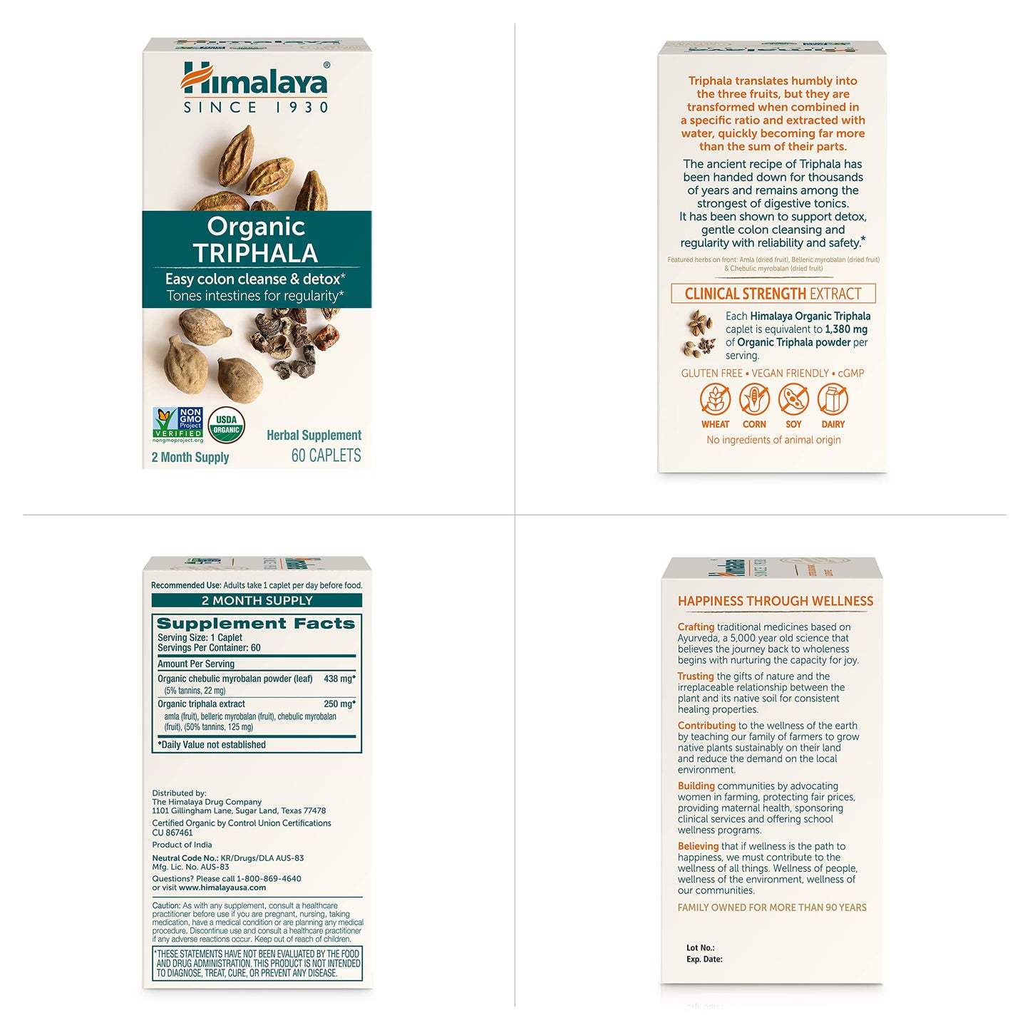 Himalaya wellness triphala bottle showing directions for occasional constipation and bloating relief.