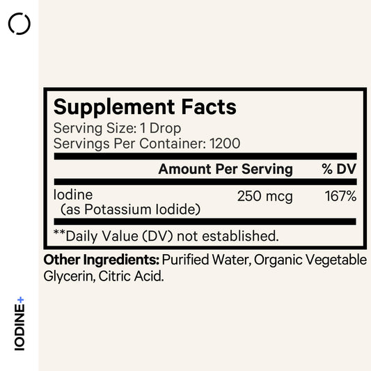 Codeage premium potassium iodide supplement liquid solution packaging detailing product serving size.