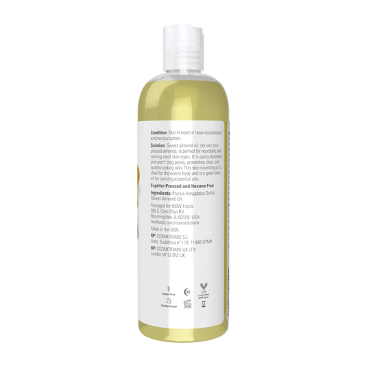 Now Foods Solutions Sweet Almond Oil 16 Ounce showing product label instructions and ingredients list