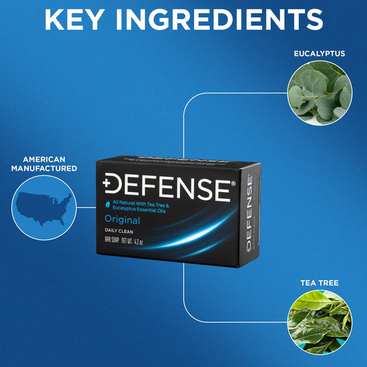 Defense Soap Original daily clean bar soap showing natural tea tree and eucalyptus ingredients packaging