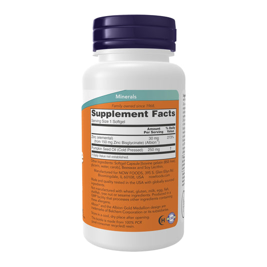 NOW Foods Zinc Glycinate 120 softgels packaging display detailing Albion chelated zinc mineral