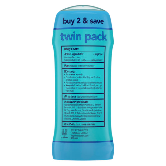 Degree Shower Clean underarm stick set of two displaying the product label details.