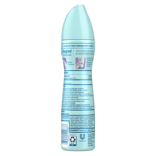 Three cans of Degree Women UltraClear Black plus White antiperspirant deodorant dry spray showcasing anti stain benefits.