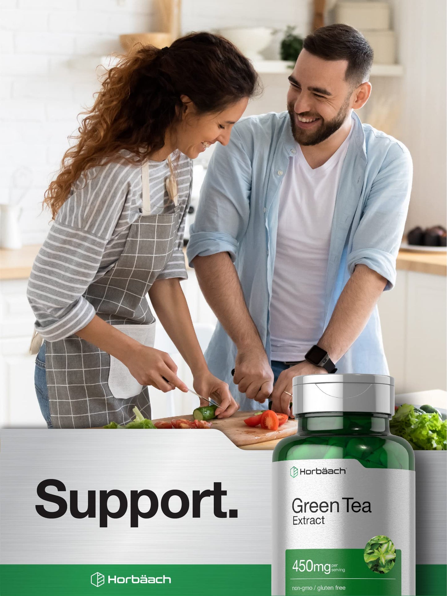 Horbäach Green Tea Extract bottle showing non-GMO and gluten-free labels