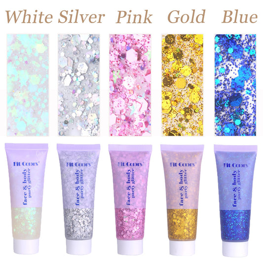 Holographic chunky glitter gel texture swatches on skin demonstrating shine