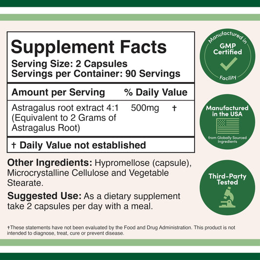 Double Wood Astragalus root extract capsules supplement facts showing ingredients and dosage instructions