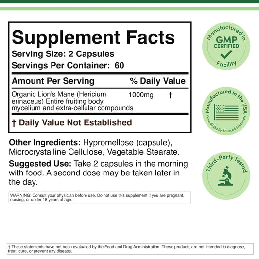 Double Wood Organic Lions Mane packaging back label showing supplement ingredients and vegetarian capsule facts