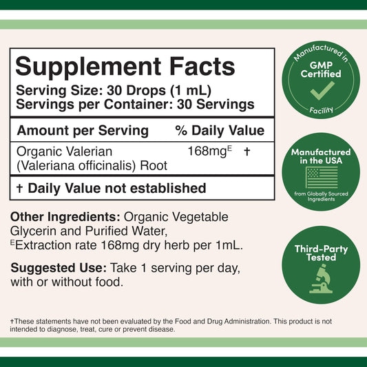 Double Wood Supplements Organic Valerian Root liquid tincture packaging showing ingredients label