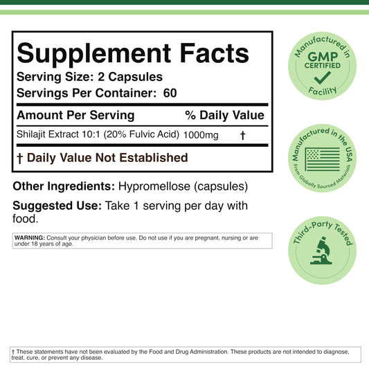 Double Wood Shilajit capsules supplement facts label detailing 20 percent fulvic acid content
