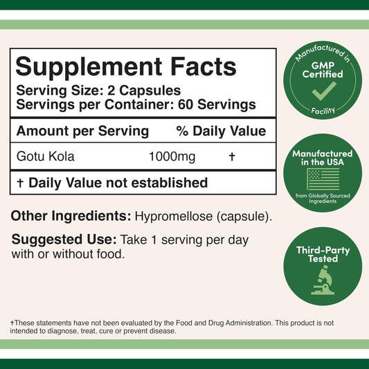 Double Wood Supplements Gotu Kola 120 capsules label showing supplement facts.