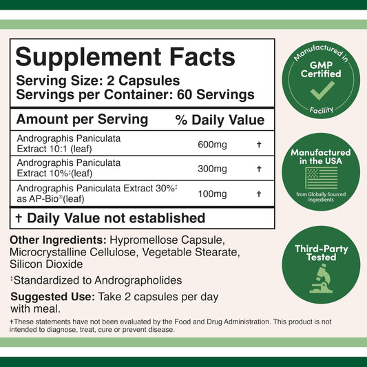 Double Wood Supplements Andrographis bottle side view showing clinical dosage information and AP-Bio patented extract logo.
