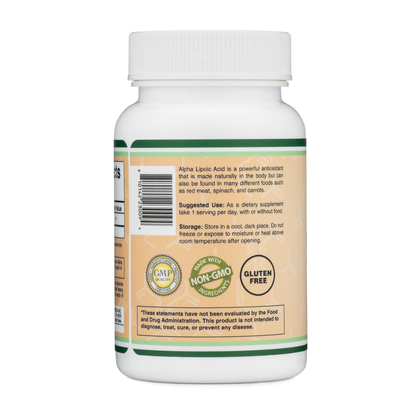 Full packaging view of Double Wood Alpha Lipoic Acid showing dosage instructions and directions
