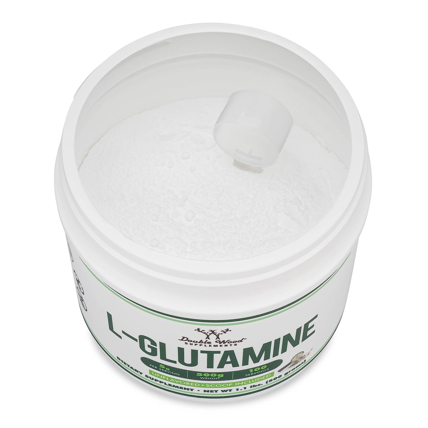 Side view of Double Wood L-Glutamine container with serving information.