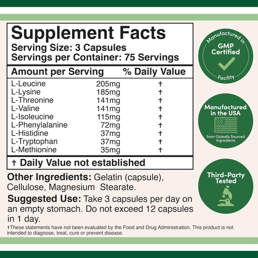 Supplement facts label of Double Wood EAAs showing all 9 essential amino acids