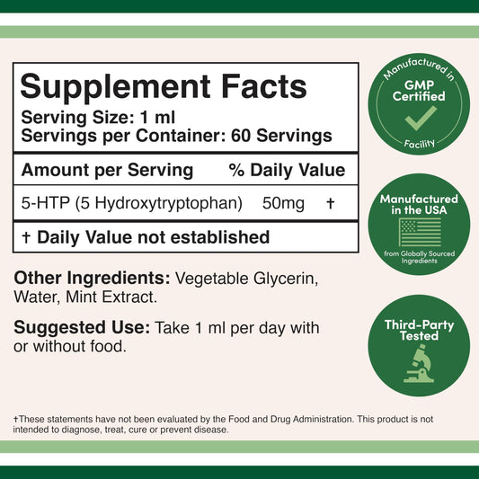 Liquid 5-HTP supplement bottle showing 60 servings and 50mg dosage.