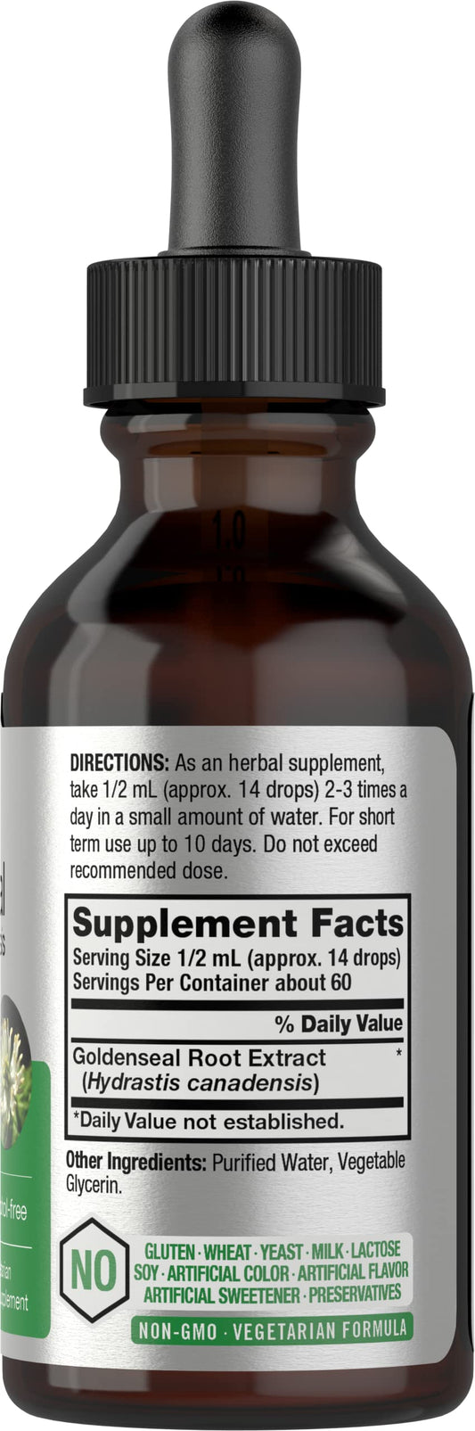 Horbaach Goldenseal Root Liquid Extract dropper bottle highlighting vegetarian and non GMO features