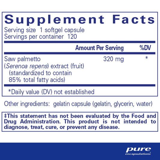 Pure Encapsulations Saw Palmetto 120 softgels supplement facts label details.