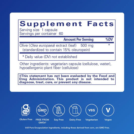 Pure Encapsulations Olive Leaf Extract 60 capsules label details