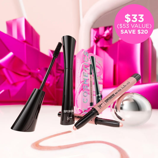 IT Cosmetics Superhero Volumizing Mascara wand and tube from the Unwrap Glimmering Eyes holiday kit.