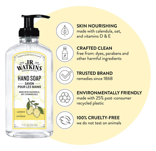 Three bottles of J.R. Watkins Lemon hand soap with pumps