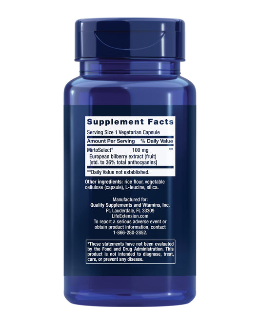 Life Extension MirtoSelect European Bilberry Extract bottle featuring 100 milligram dosage instructions