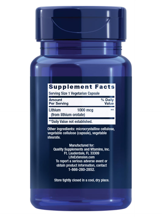 Life Extension Lithium low dose formula packaging details and non GMO certification label