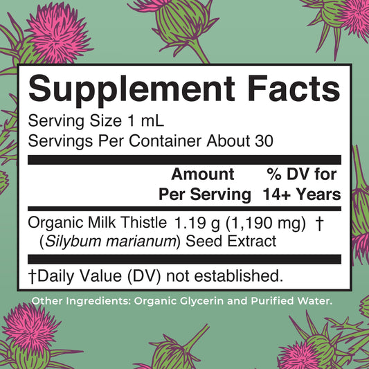 MaryRuth's vegan alcohol free milk thistle tincture supplement bottle showing ingredient facts.