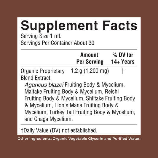 Alcohol free organic mushroom complex tincture bottle showing premium dropper.