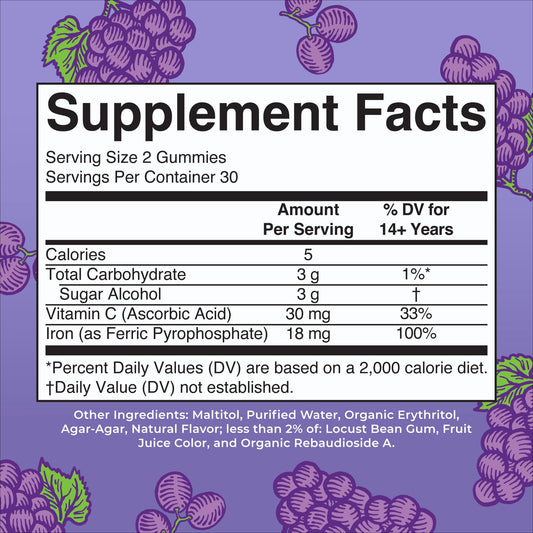 MaryRuth Organics Iron Sugar Free Gummies nutrition facts label