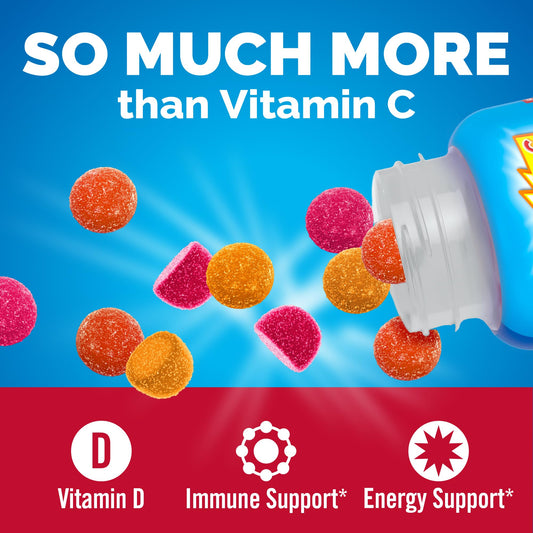 Emergen-C Kidz dietary supplement bottle showing nutrition facts and vegetarian gluten-free certifications.