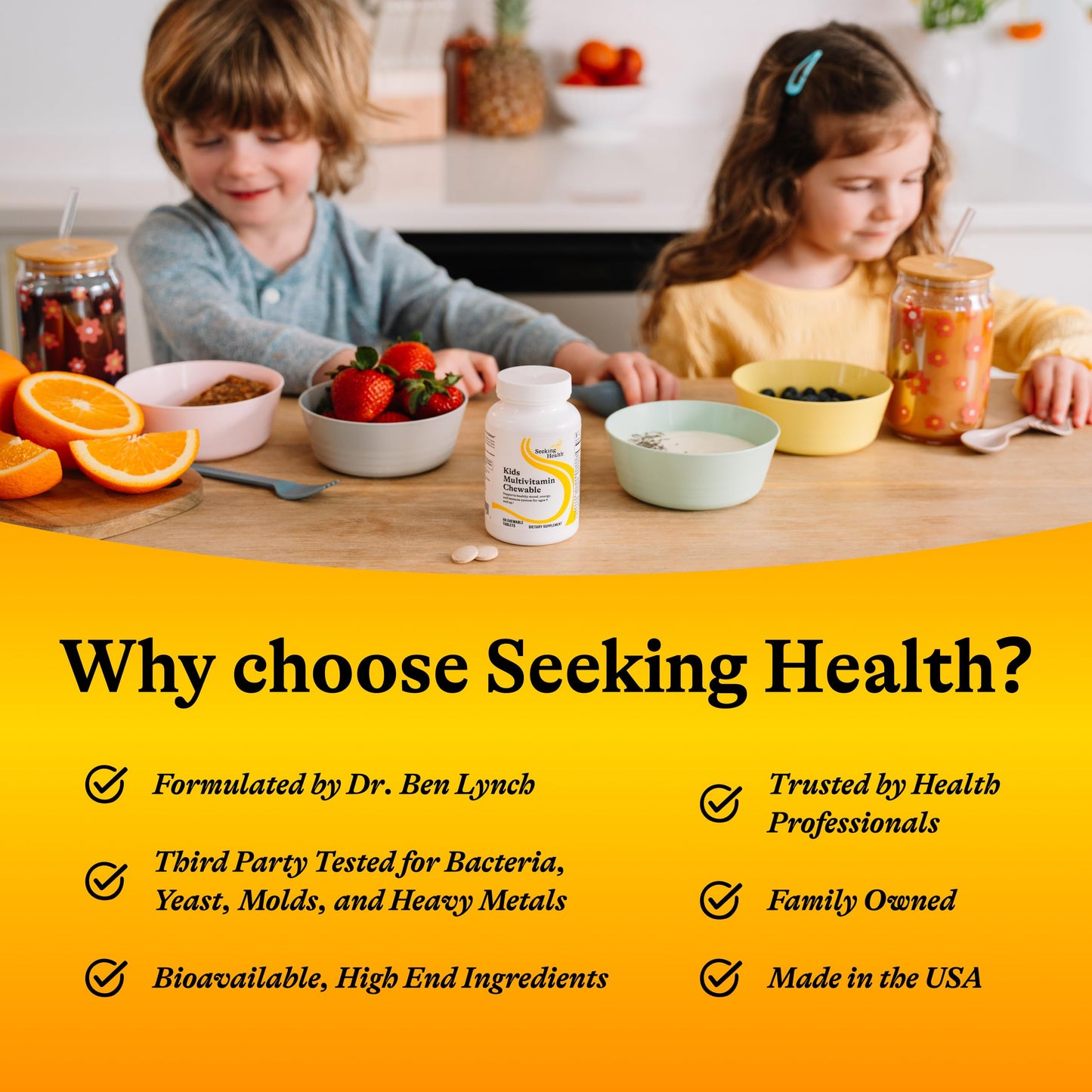 Seeking Health Kids Multivitamin Chewable MF 120 Tablets packaging display highlighting clean children nutrition.