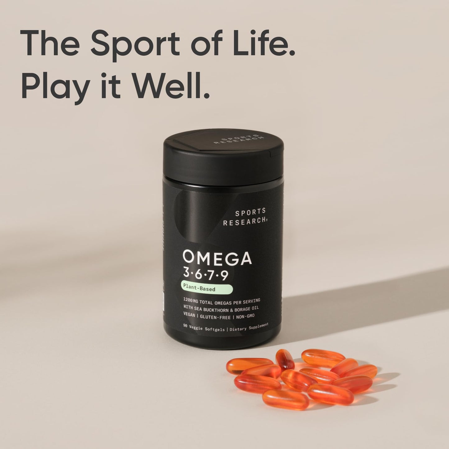 Sports Research Vegan Omega 3-6-7-9 premium dietary supplement bottle