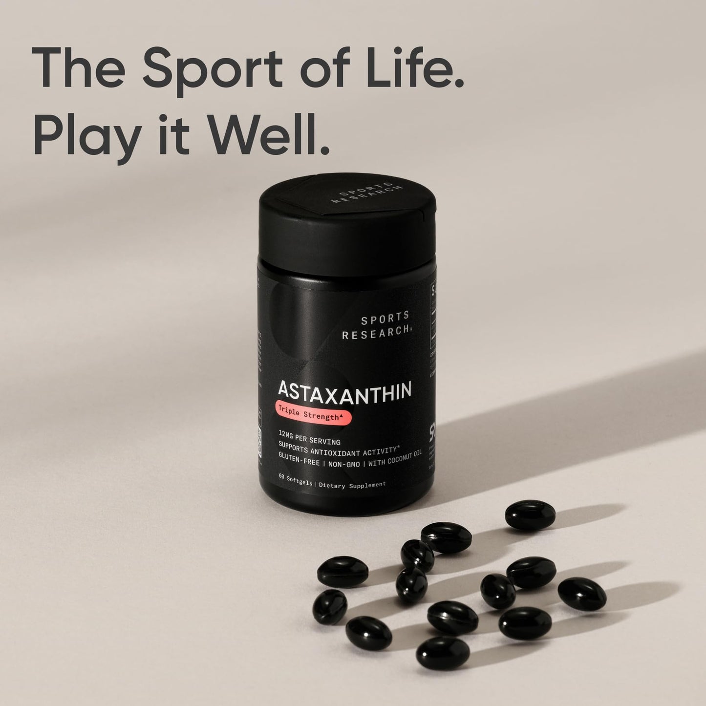 Top view of Sports Research Astaxanthin 12mg supplement container highlighting the secure flip top cap.
