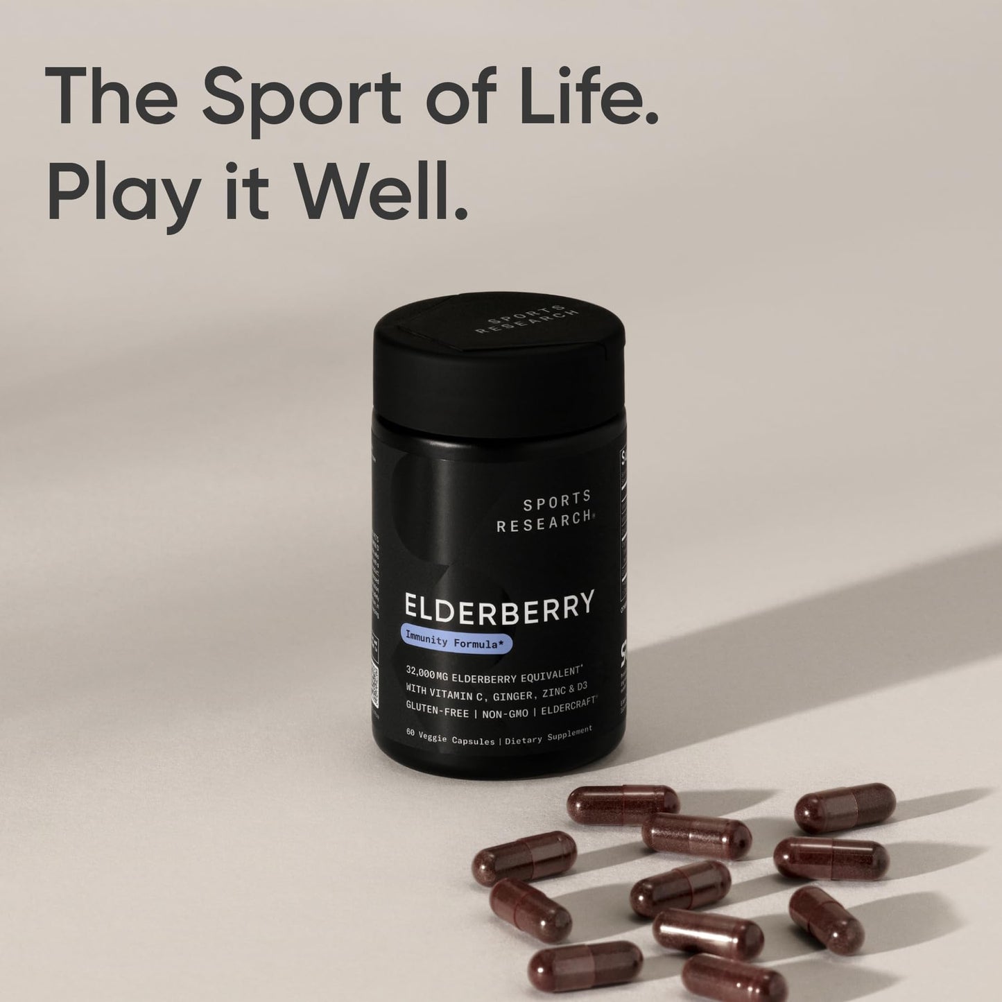 Authentic imported Sports Research Elderberry immunity capsules packaging showing sixty count supply