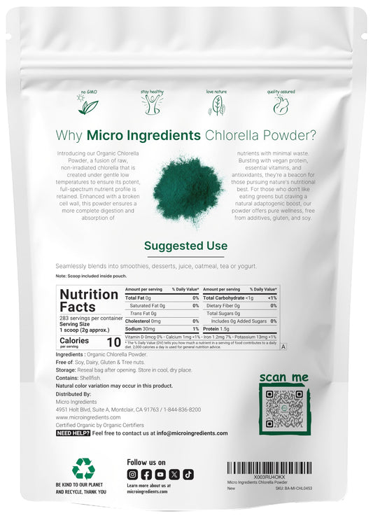 Micro Ingredients Chlorella powder bag with broken cell wall label