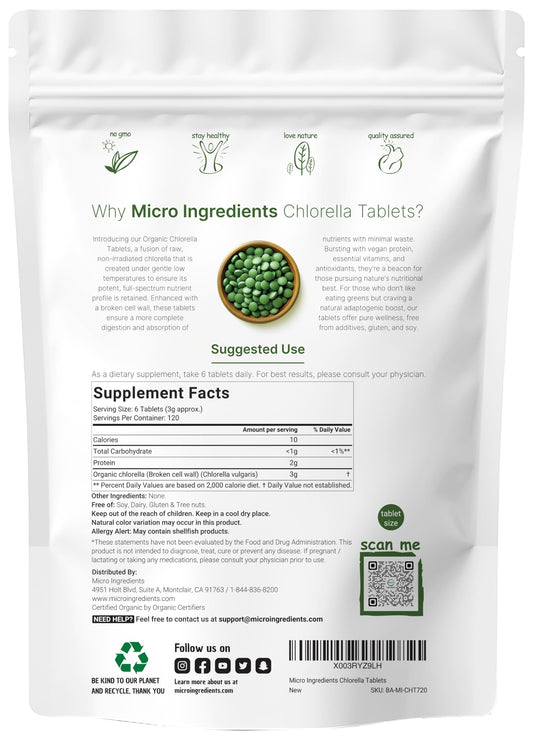 Close up of 500mg chlorella tablets nutrition label