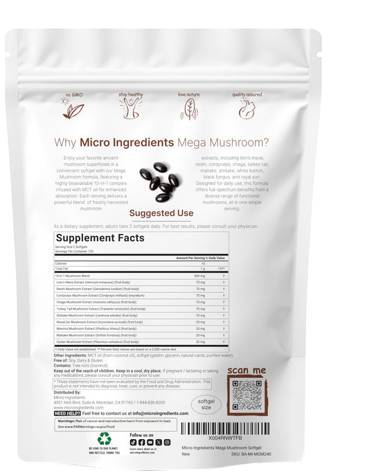 Micro Ingredients 10-in-1 functional mushroom blend nutritional facts and clean ingredients label.