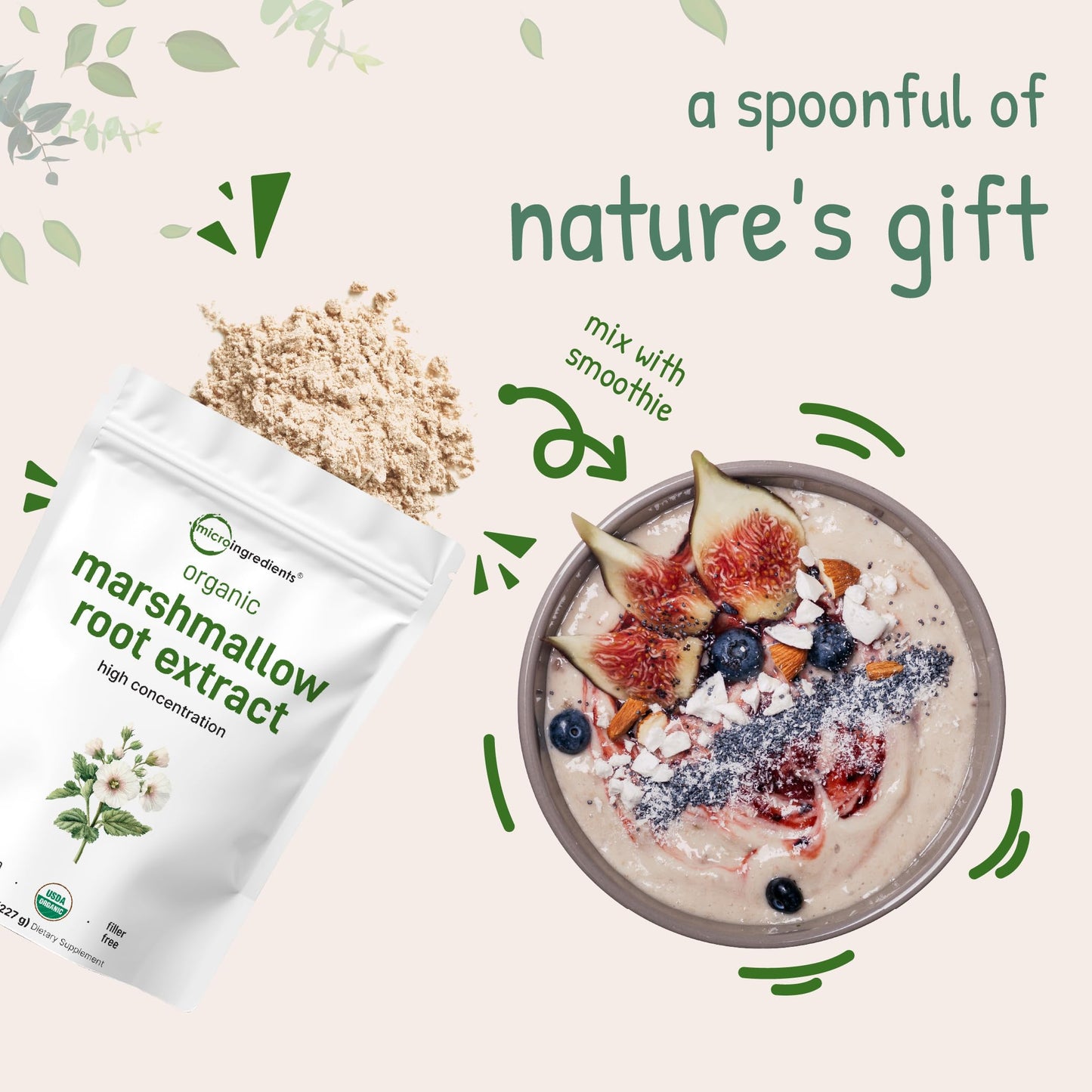 Lifestyle shot of organic marshmallow root powder for smoothies