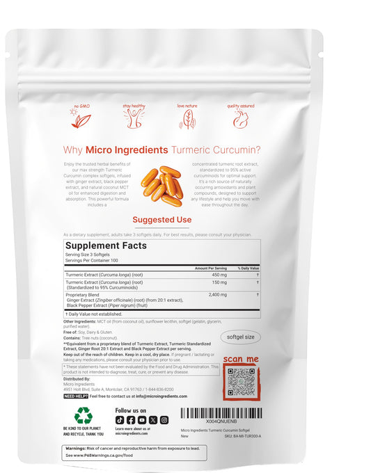 Micro Ingredients Turmeric Curcumin supplement bottle back label displaying supplement facts and premium ingredients.