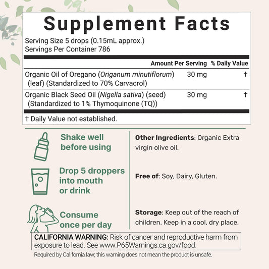 Micro Ingredients organic oregano oil liquid blend supplement facts and ingredients label