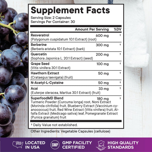 Superfood MD advanced polyphenol supplement bottle showing detailed antioxidant ingredient list on back panel