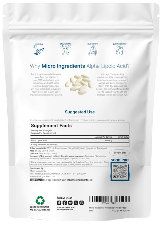Micro Ingredients ALA supplement with MCT oil packaging showing non GMO and gluten free certifications