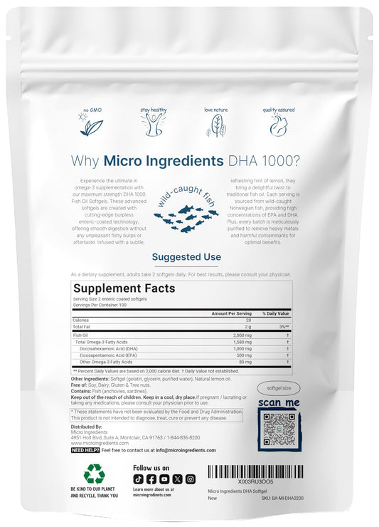 Micro Ingredients high potency omega fatty acid prenatal and kids supplement nutrition facts label detailing EPA and DHA levels.