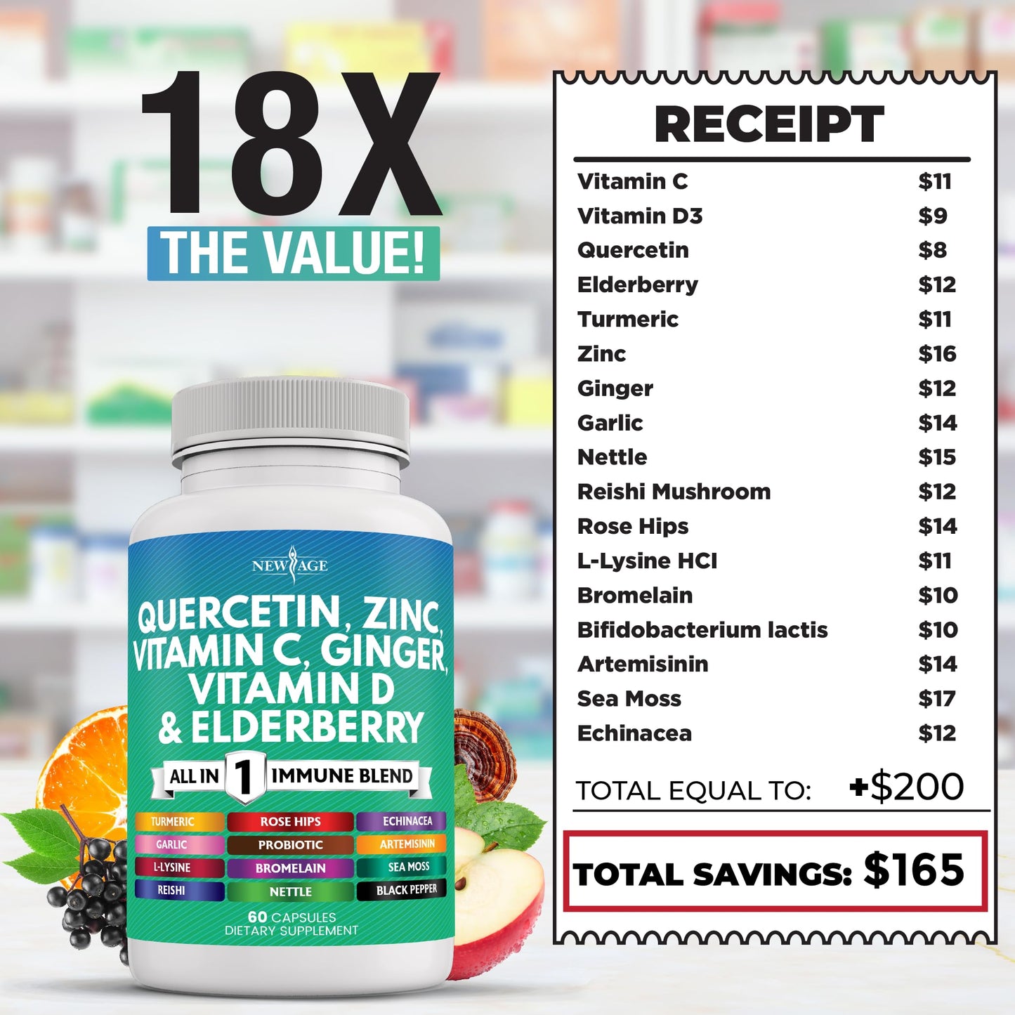 Premium New Age Quercetin Zinc Vitamin and Bromelain blend formula container