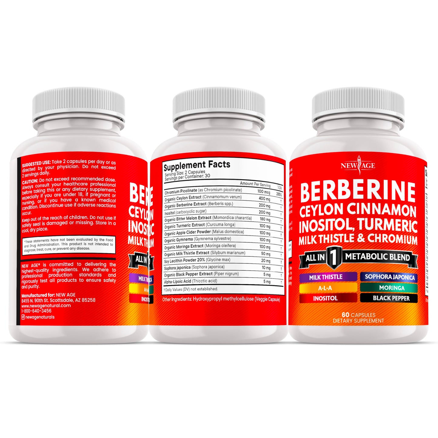New Age Berberine complex bottle highlighting the seven in one botanical blend formula