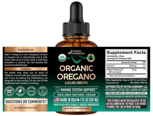 Nutraharmony organic oregano oil supplement with sixty percent carvacrol label details