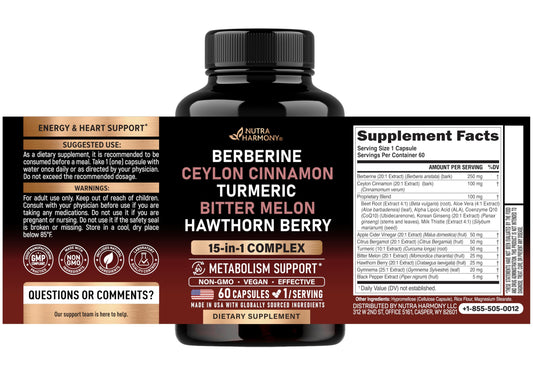 Nutraharmony metabolic support supplement label showing 15 in 1 formula ingredients.